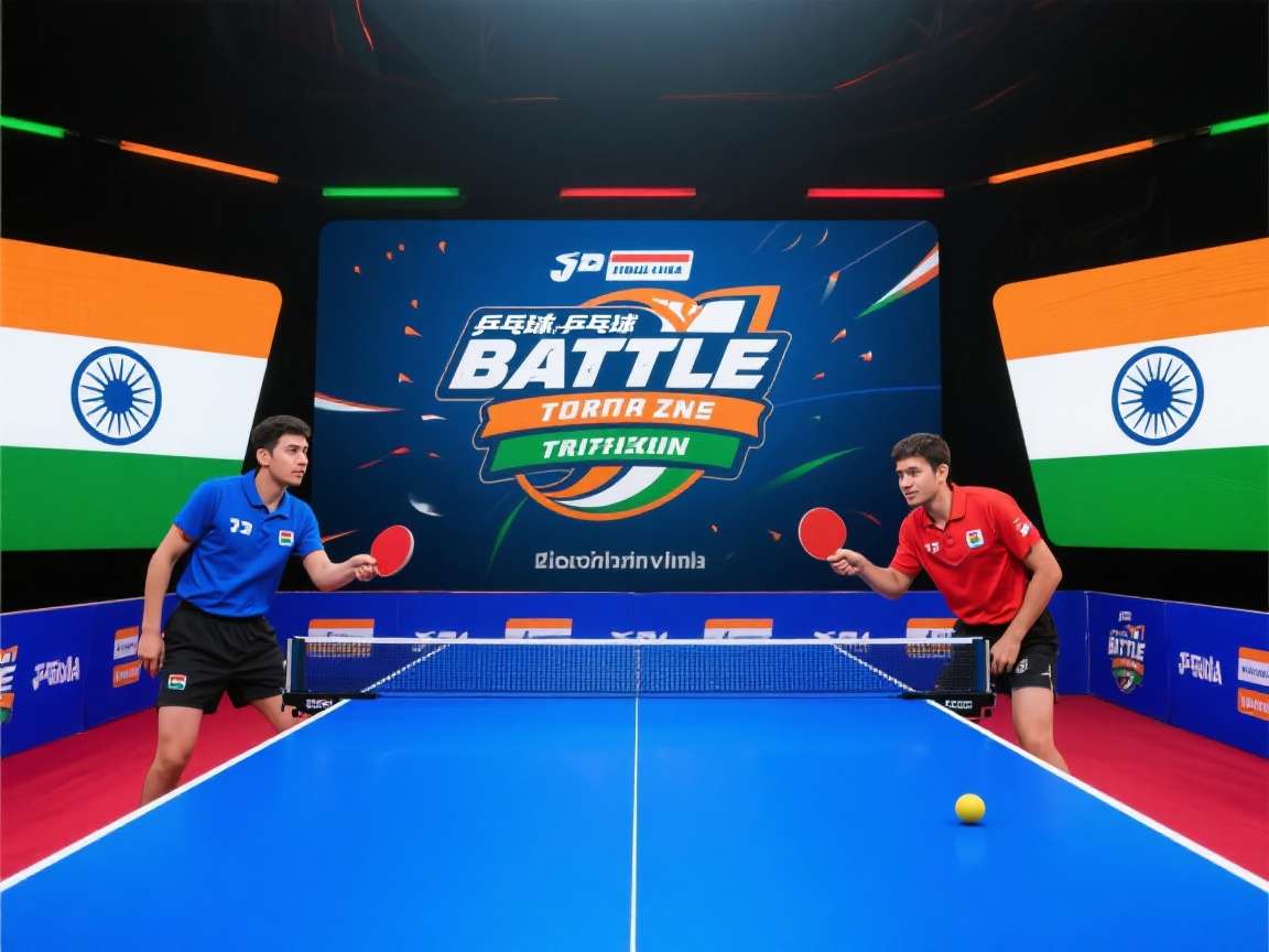 India Table Tennis Battle gameplay screenshot showing two players competing in a table tennis match with Indian stadium background