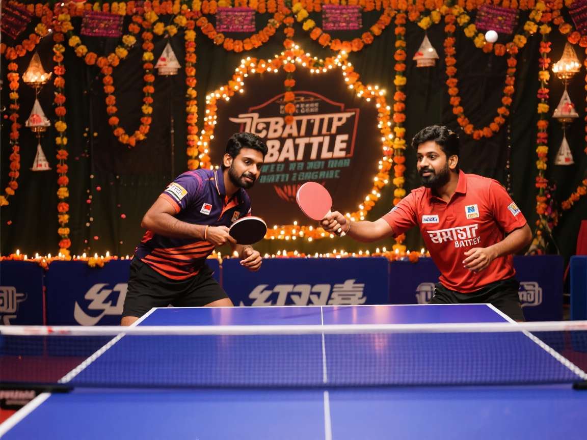 India Table Tennis Battle Diwali event showing stadium decorated with diyas and rangoli